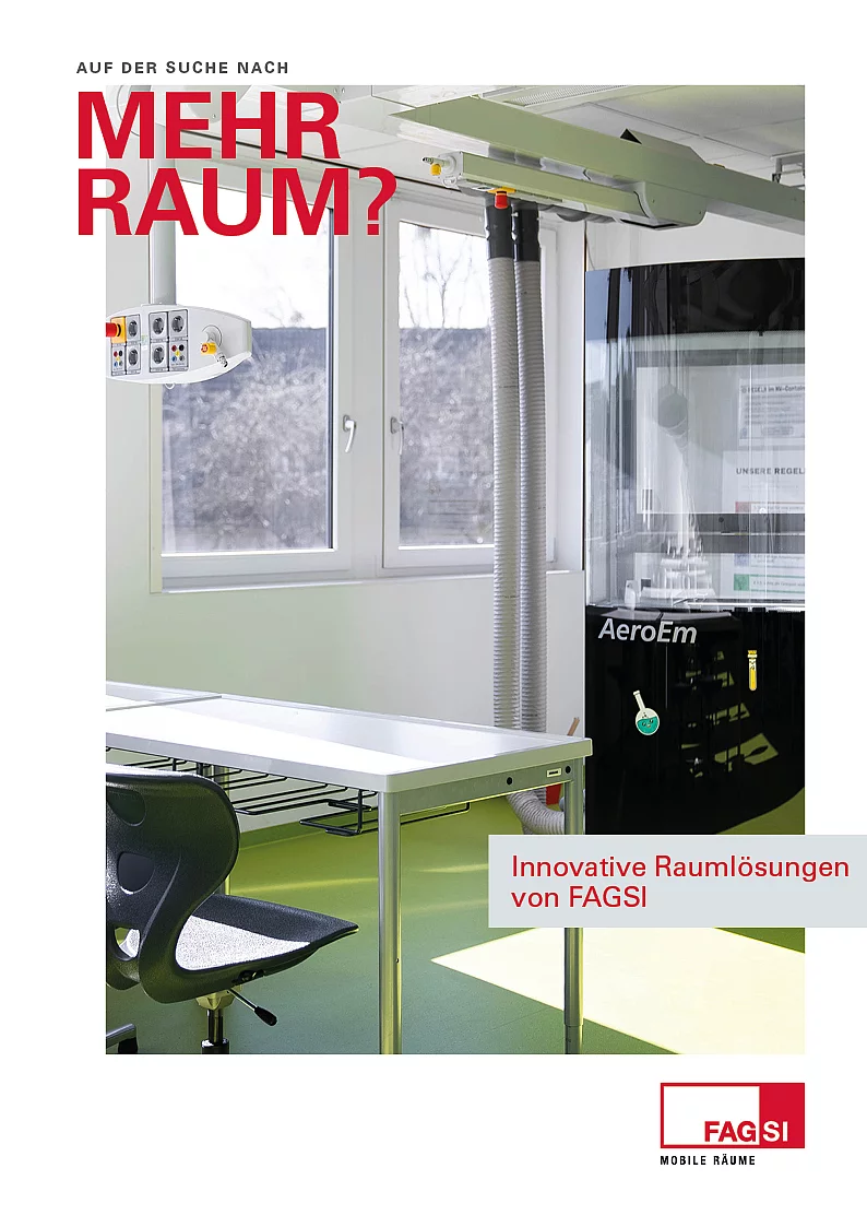 Broschüren-Cover von FAGSI Mobile Räume mit Innenansicht eines ausgestatteten Laborraums im Modulbau