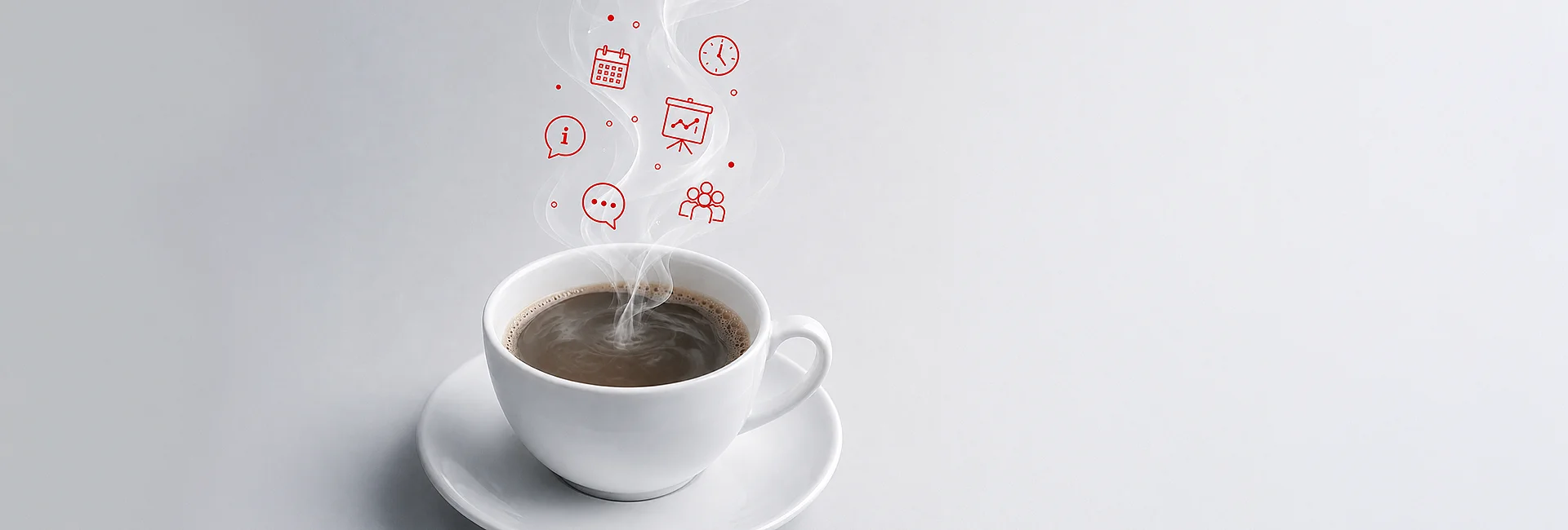 Kaffeetasse mit digitalen Symbolen im Dampf als Sinnbild für Wissensaustausch und Webinare.