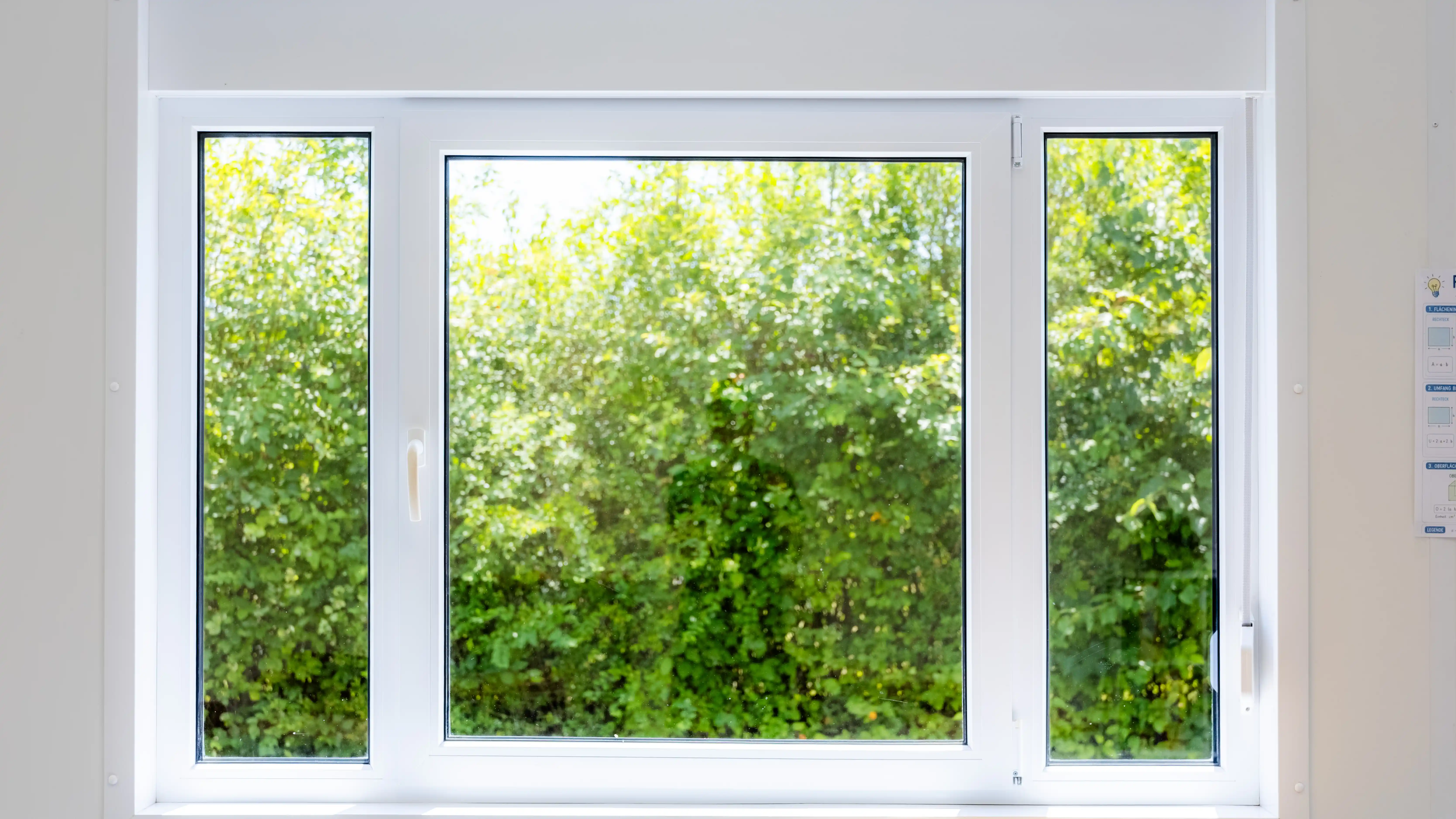 Großzügiges Fenster in einem Klassenraum der ProENERGY-Containeranlage mit Blick ins Grüne. Die großen Fensterflächen sorgen für helle und freundliche Lernräume mit viel Tageslicht.